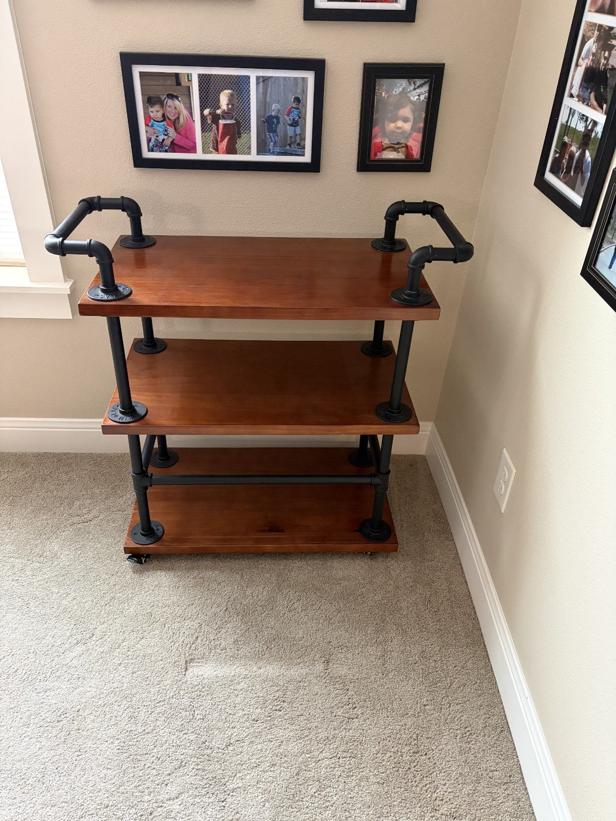 Industrial Pipe Rolling Bar Cart Solid Wood 3 Tier Rustic Shelving Storage - Image 1