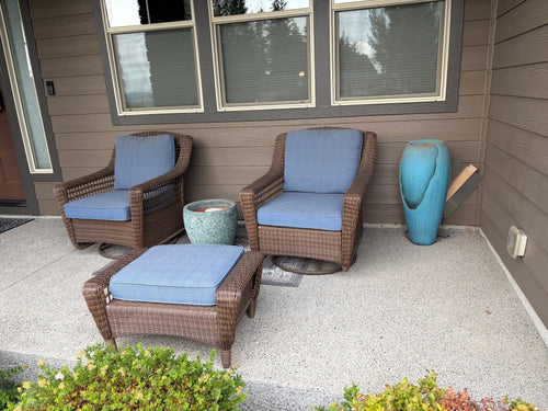 Wicker Swivel Patio Chairs Set of 2 with Blue Cushions and Ottoman - Image 1