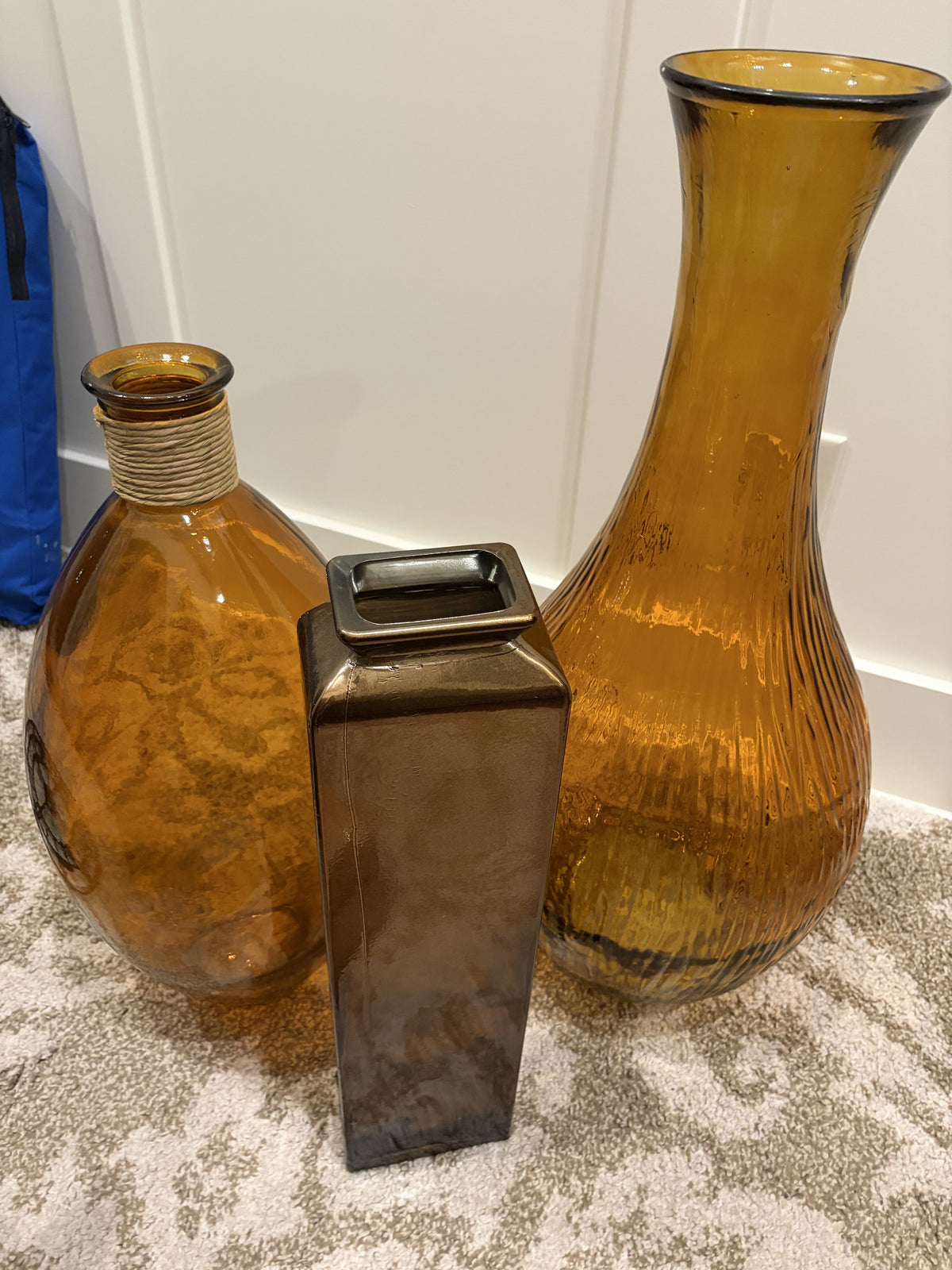 Amber Glass Vase Set of 3 with Rope and Metallic Accents - Image 1